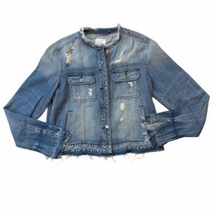Hidden Collarless Distressed Denim Jacket